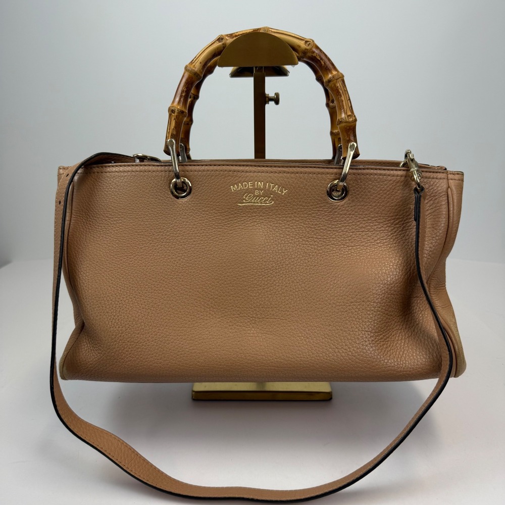 Gucci Bamboo Shopper Tote Tan Pebbled Leather Handbag 323660